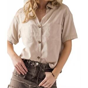 NEW TREND:NOTES lin button down shirt in khaki